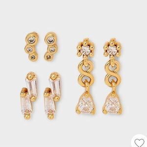 New!Drop & Stud 3pc Elegant LinearGold-tone & Glass Earring Set POst closure Y2K